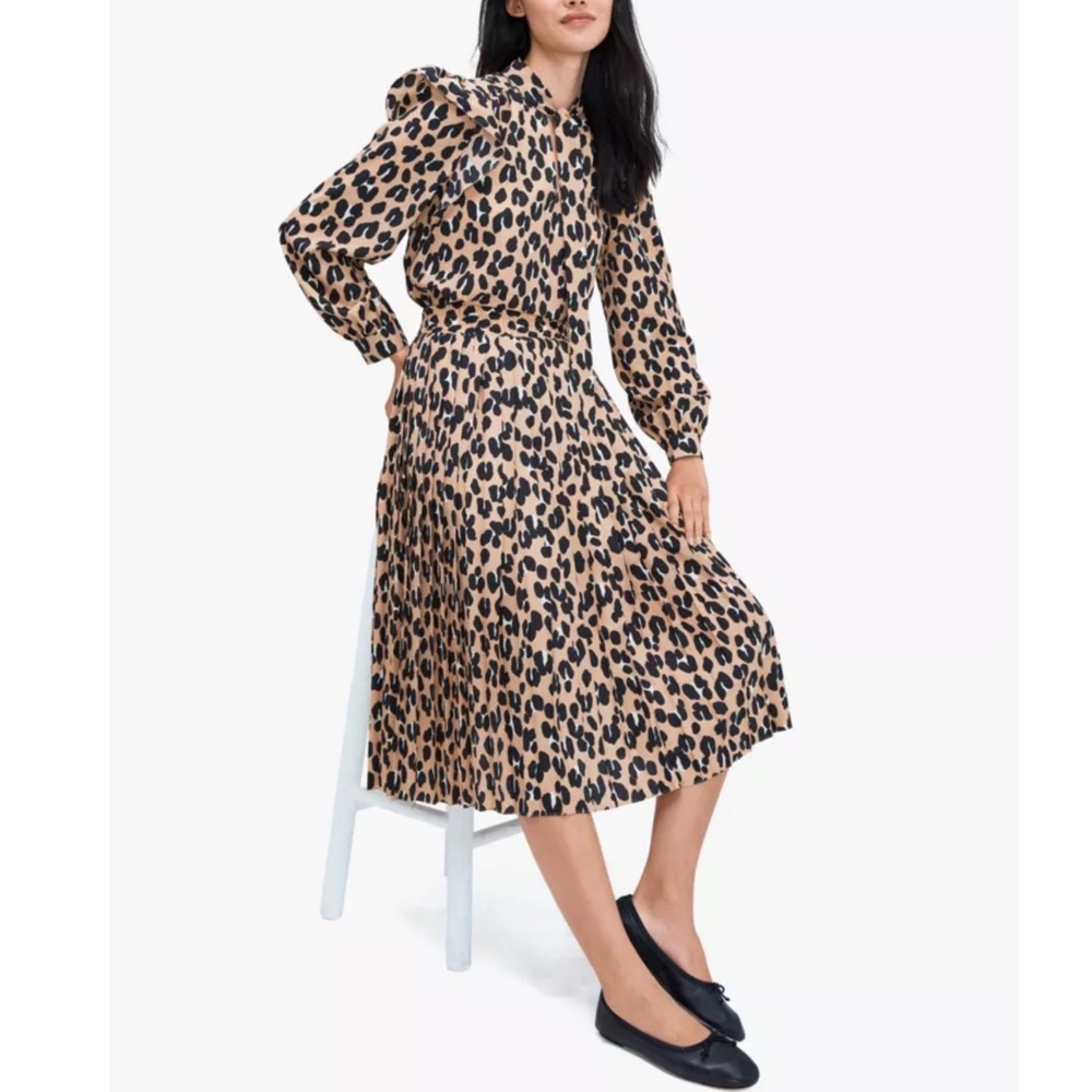 Kate Spade Leopard Pleated Pull On Skirt Set Size XXL Women Long Sleeve Tie Neck